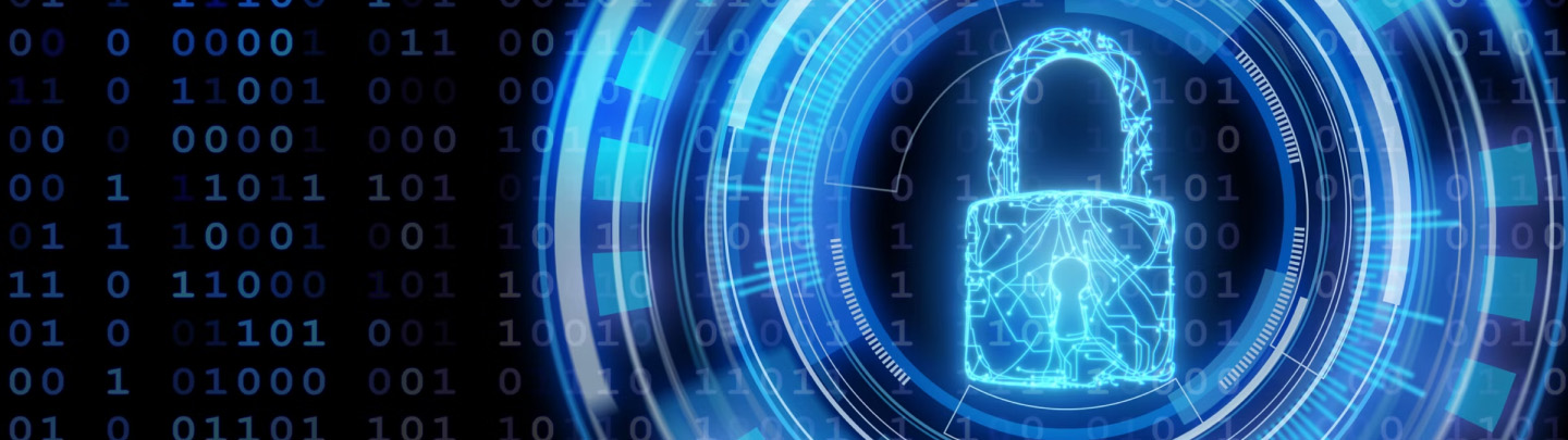 Banner con la imagen de un candado digital azul rodeado de códigos binarios y elementos gráficos futuristas, representando la ciberseguridad y la protección de datos.