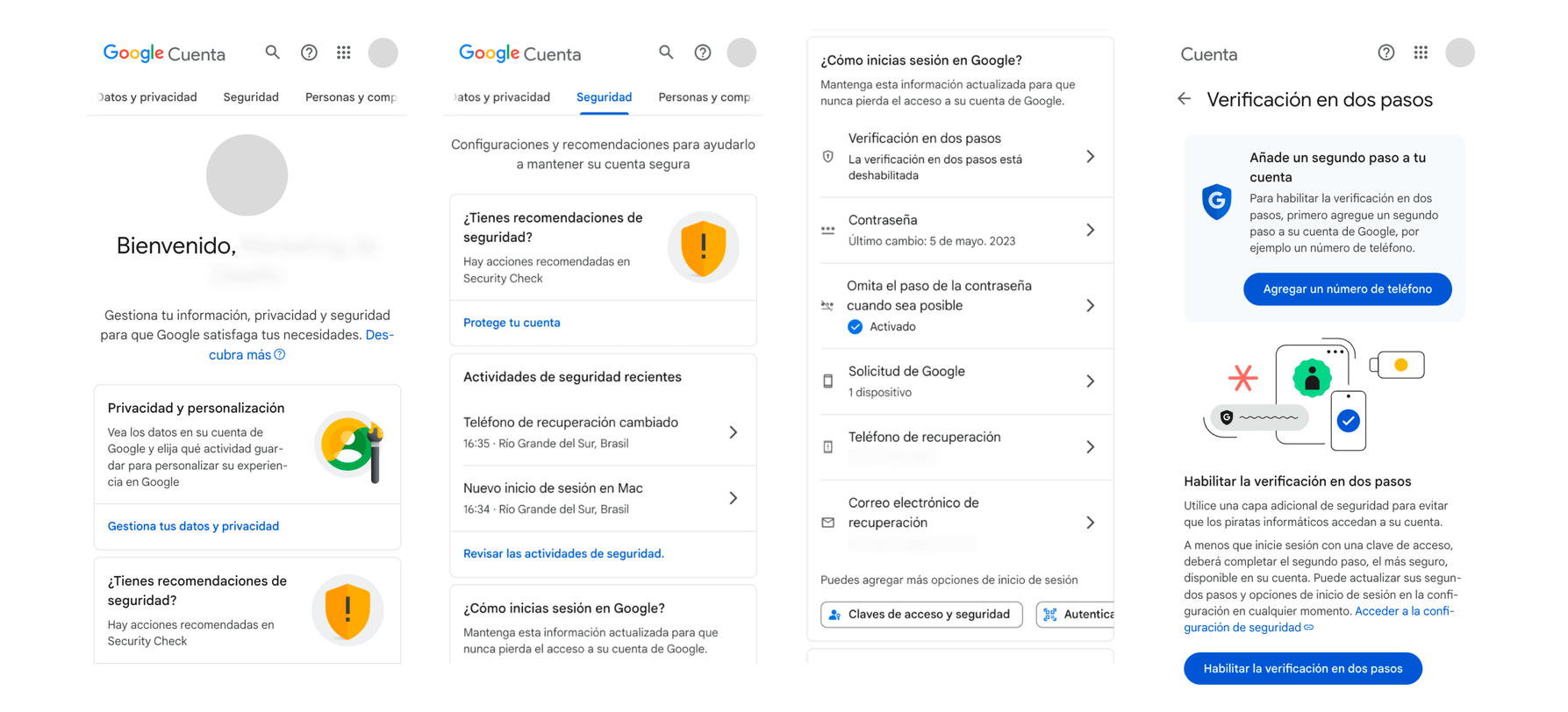 Interfaz de la cuenta de Google en español mostrando las opciones de privacidad, seguridad y autenticación. La imagen resalta la sección de verificación en dos pasos, con instrucciones para agregar un número de teléfono y activar una segunda capa de seguridad en la cuenta